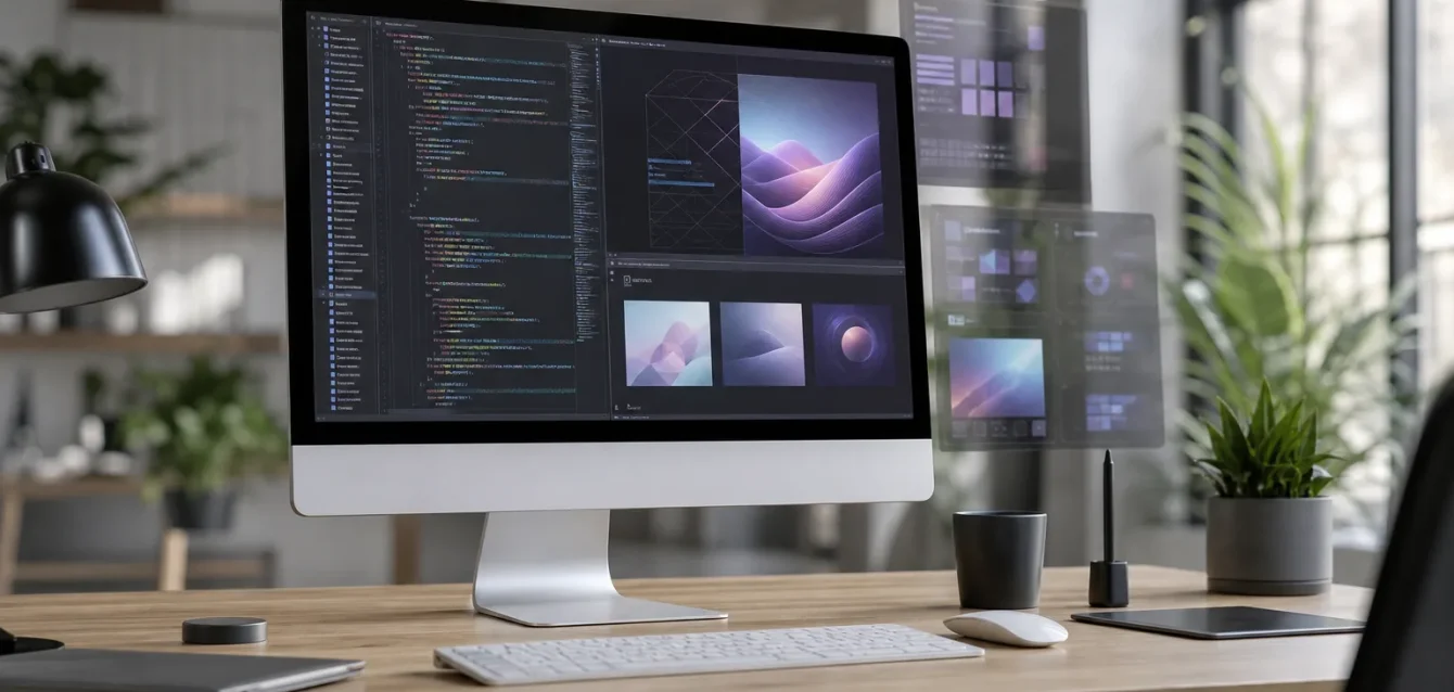 Modern web design workspace with AI technology and business growth elements