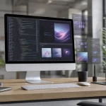 Modern web design workspace with AI technology and business growth elements