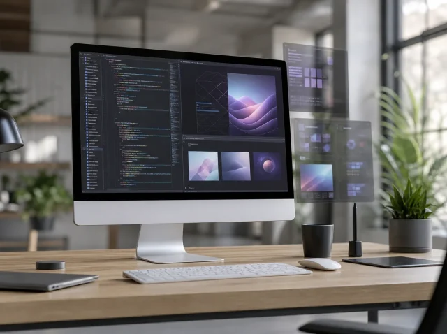 Modern web design workspace with AI technology and business growth elements