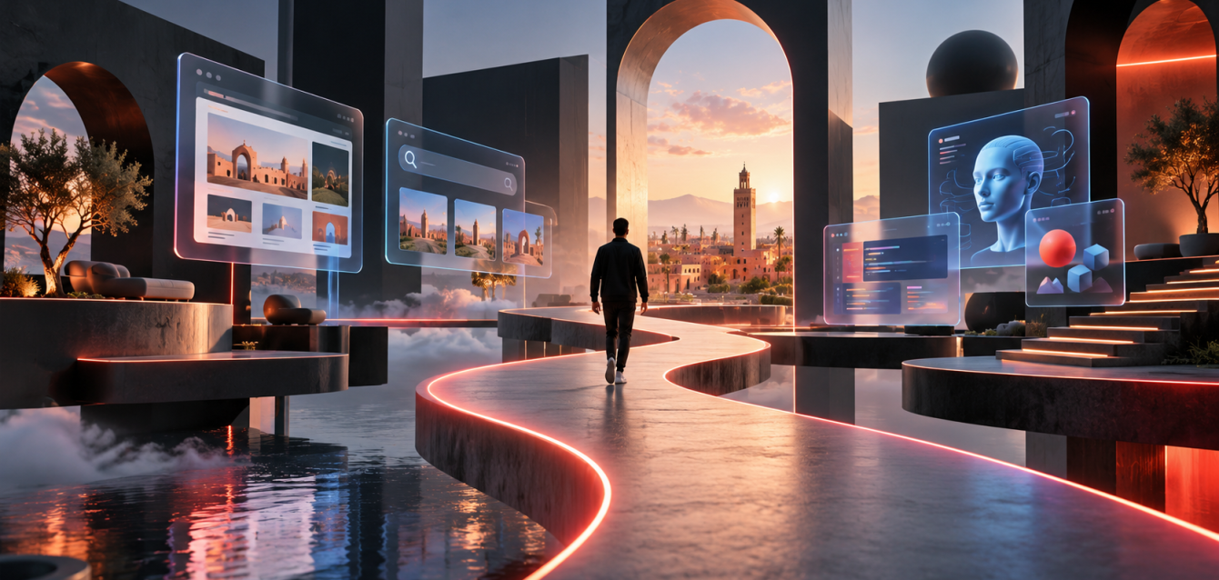 Conceptual 3D digital environment with a visitor exploring web, software and AI service panels against a Moroccan cityscape.