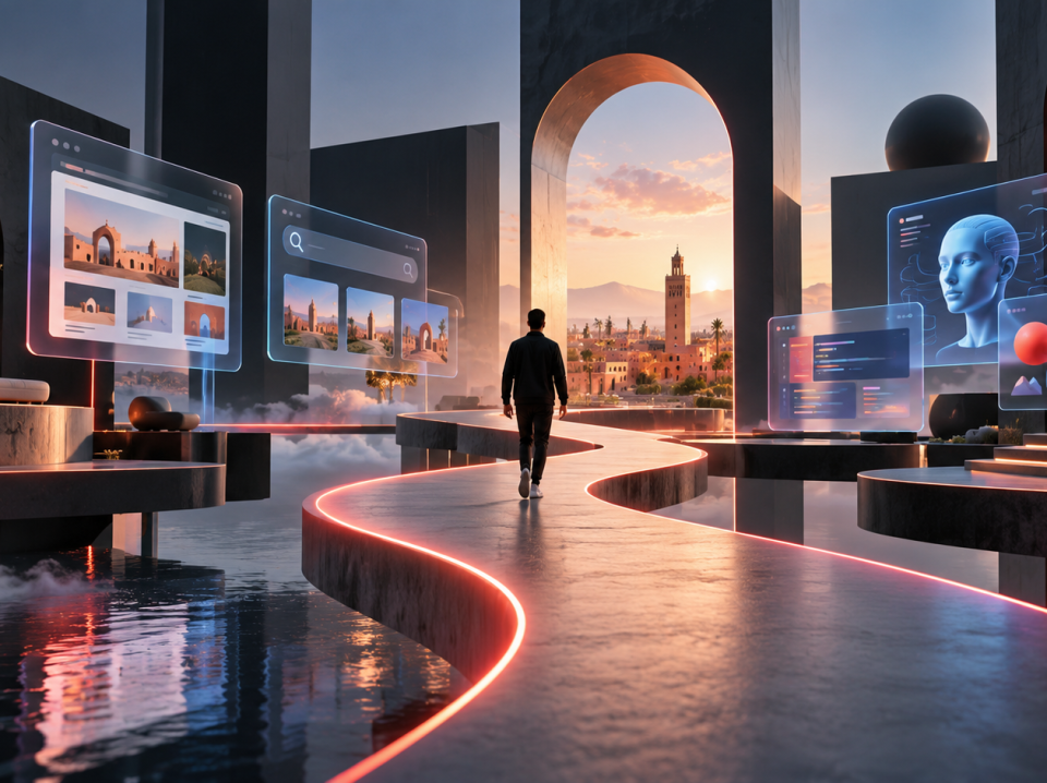 Conceptual 3D digital environment with a visitor exploring web, software and AI service panels against a Moroccan cityscape.