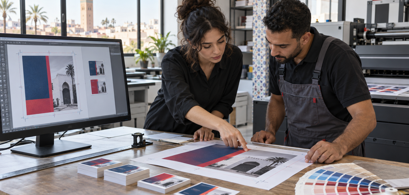 Print-ready PDF proof: bleed and trim Designer and print technician review a flyer proof with crop marks and bleed guides in a print studio.