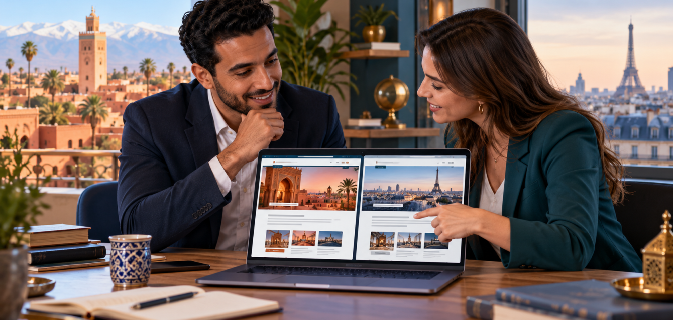 SEO bilingue France et Maroc — illustration Entrepreneur marocain et consultant examinent les versions française et anglaise d’un site web.