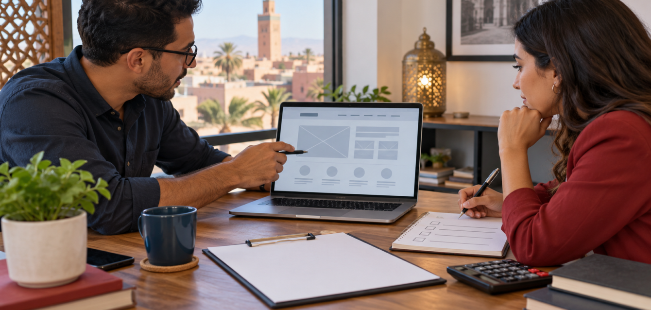 Planning a website creation quote in Morocco A Moroccan business owner and web consultant review a website wireframe and project estimate checklist.