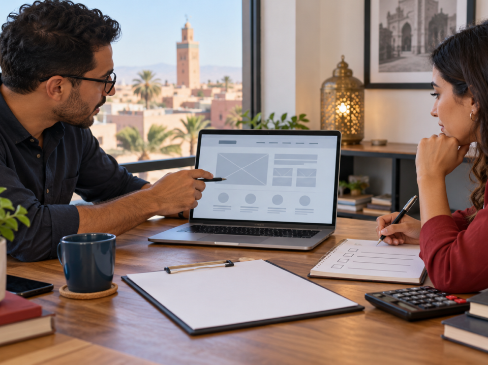 A Moroccan business owner and web consultant review a website wireframe and project estimate checklist.