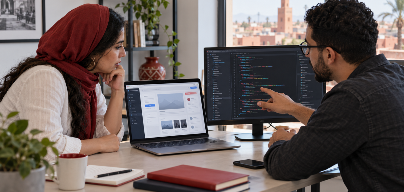 WordPress versus custom website planning A Moroccan business owner and web developer compare a content management interface with a custom code editor.